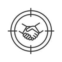 partner commerciale ricerca icona lineare. trovare investitori. mirare all'illustrazione della linea sottile della stretta di mano. simbolo del contorno dell'accordo commerciale. disegno vettoriale isolato contorno