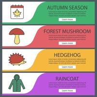 set di modelli di banner web stagione autunnale. calendario con foglia d'acero, fungo, riccio, impermeabile. voci di menu a colori del sito web. concetti di design delle intestazioni vettoriali