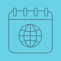 icona lineare del calendario internazionale. pagina del calendario con il modello del globo mondiale. simboli di contorno di linea sottile su sfondo colorato. illustrazione vettoriale