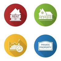Set di icone del glifo con lunga ombra di design piatto del mercato immobiliare. casa in affitto, cottage, segno di proprietà privata, grafico di crescita del mercato. illustrazione vettoriale silhouette