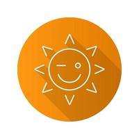 sole ammiccante sorriso piatto lineare icona lunga ombra. faccia solare felice e divertente. simbolo di contorno vettoriale