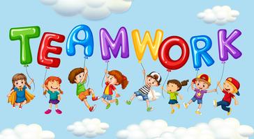 Bambini e palloncini per il lavoro di squadra di parole vettore