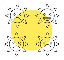 sole sorrisi set di icone lineari. triste, lacrimoso, morto, ridente sorrisi del sole. buono e cattivo umore. simboli di contorno linea sottile. illustrazioni di contorno vettoriale isolato