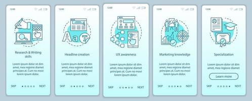 corsi di marketing digitale onboarding modello vettoriale della schermata della pagina dell'app mobile. sito web di copywriting. creazione di contenuti. promozione, scrittura di testi pubblicitari. interfaccia smartphone ux, ui, gui