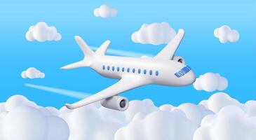 3d bianca realistico aereo nel nuvole. rendere passeggeri o commerciale Jet icona. tempo per viaggio concetto. in viaggio prenotazione agenzia e compagnie aeree. vacanza vacanza. vettore illustrazione