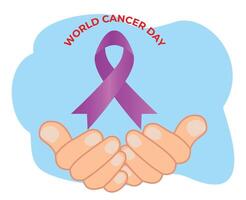 mondo cancro giorno manifesto con mani hold viola nastro rispetto per mondo cancro giorno vettore