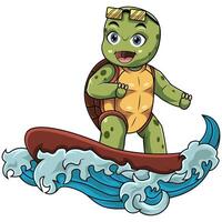 cartone animato tartaruga fare surf nel il mare vettore