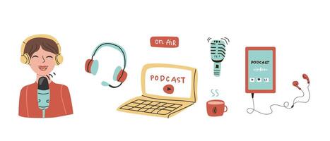mano disegnato Podcast elementi impostato con il computer portatile e donna nel piatto stile vettore
