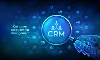 crm. cliente relazione gestione. cliente servizio e relazione. impresa comunicazione e pianificazione attività commerciale concetto con lente d'ingrandimento nel wireframe mano e icone. vettore illustrazione.