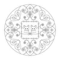 gatto mandala con cuori e fiori. colorazione pagina. arte terapia. vettore