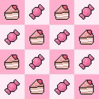 dolce cibo senza soluzione di continuità modello, pixel arte dolci, rosa colori, caramella, pezzo di torta con fragola su superiore, sfondo, sfondo, vettore illustrazione