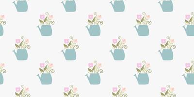 primavera senza soluzione di continuità modello. giardino irrigazione lattine con delicato fiori mazzo. colore sfondo per Pasqua. modello per Stampa, tessile, manifesto, carta, stoffa. vettore piatto illustrazione nel pastello colori