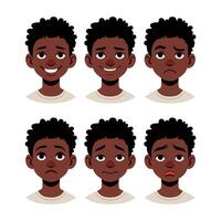 del bambino emozioni - impostare. carino africano americano ragazzo sorridente, arrabbiato, triste. vettore illustrazione