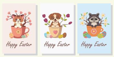 contento Pasqua. illustrazioni di un' carino tigre cucciolo, cucciolo e procione con fiori nel un' tazza con Pasqua uova su il terra. per cartoline, magliette. piatto stile. vettore