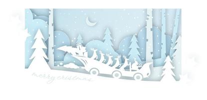 Merry Christmas Card della slitta di babbo natale con renne nella foresta innevata. cartolina di auguri in stile artigianale tagliato a carta. illustrazione disegnata a mano di vettore