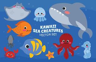 kawaii mare creature illustrazione vettore impostato