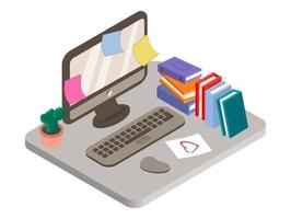 illustrazione vettoriale isometrica del posto di lavoro con computer desktop, libri e cactus. tutti gli oggetti sono isolati