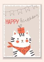 carta elegante con un simpatico gatto divertente in una sciarpa con un regalo. scritte di buon compleanno. biglietto di auguri in design piatto con animali. illustrazione vettoriale. tutti gli oggetti sono isolati vettore