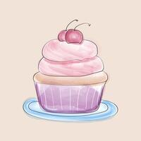 un' disegnato a mano acquerello illustrazione di un' Cupcake sormontato con un' luminosa rosso ciliegia. il Cupcake è intricatamente decorato con turbinii di glassa e spruzzatori vettore