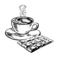 un' tazza di caffè con un' cioccolato sbarra. il vettore, grafico nero e bianca illustrazione è disegnato a mano su un' bianca isolato sfondo. per stampa, menu, cartoline e pacchi. per striscioni, volantini. vettore