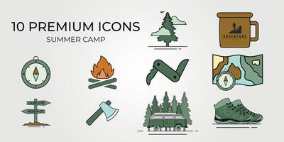 impostato di estate campeggio avventura, icona simbolo cartello vettore illustrazione design