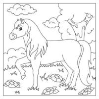 cavallo carino. animale da fattoria. pagina del libro da colorare per bambini. stile cartone animato. illustrazione vettoriale isolato su sfondo bianco.