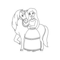 la principessa e l'unicorno. pagina del libro da colorare per bambini. personaggio in stile cartone animato. illustrazione vettoriale isolato su sfondo bianco.