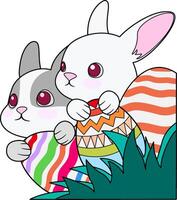 contento Pasqua cartone animato carino conigli nascondiglio dietro a dipinto uova nel il erba e Tenere loro vettore