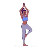 ragazza che fa yoga piatto illustrazione vettoriale. vrikshasana. allenamento fisico. giovane donna afroamericana in piedi nella posa dell'albero personaggio dei cartoni animati isolato con elementi di contorno su sfondo bianco vettore