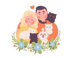 ritratto di contento famiglia con gatti e cane. mondo famiglia giorno. famiglia con animali. vettore
