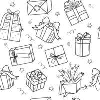 carino i regali, bellissimo scatole, vacanza regali. festivo senza soluzione di continuità vettore modello di scarabocchio icone su un' bianca sfondo.