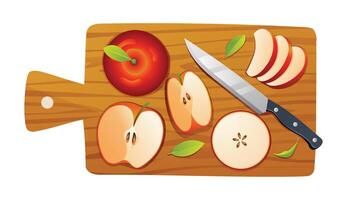 fresco totale, metà e tagliare fette Mela frutta con coltello su di legno taglio tavola. vettore illustrazione isolato su bianca sfondo