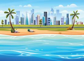 oceano spiaggia panorama con palma alberi su il riva del mare e paesaggio urbano Visualizza. tropicale spiaggia paesaggio vettore cartone animato illustrazione