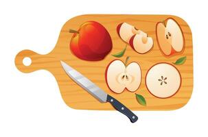 fresco totale, metà e tagliare fette Mela frutta con coltello su taglio tavola. vettore illustrazione isolato su bianca sfondo