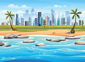 oceano spiaggia panorama con rocce su il riva del mare e paesaggio urbano Visualizza. tropicale spiaggia con città paesaggio sfondo cartone animato illustrazione vettore