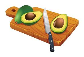 avocado tagliare nel metà con coltello su di legno taglio tavola. vettore illustrazione isolato su bianca sfondo
