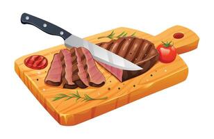 affettato medio raro grigliato Manzo bistecca con sale, pomodori e coltello su taglio tavola. vettore illustrazione isolato su bianca sfondo