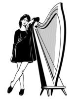 bella musicista donna con arpa. nero e bianca vettore clipart isolato su bianca.