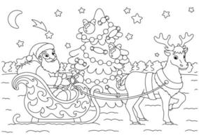 Babbo Natale porta i regali di Natale su una slitta trainata da renne. pagina del libro da colorare per bambini. personaggio in stile cartone animato. illustrazione vettoriale isolato su sfondo bianco.