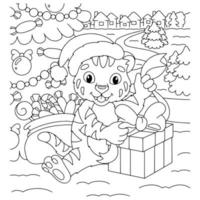 tigre di natale. pagina del libro da colorare per bambini. personaggio in stile cartone animato. illustrazione vettoriale isolato su sfondo bianco.