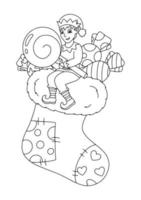 elfo di natale e calzini dolci. pagina del libro da colorare per bambini. personaggio in stile cartone animato. illustrazione vettoriale isolato su sfondo bianco.