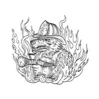 cane o lupo vigile del fuoco che mira manichetta antincendio indossando casco pompiere con fumo e fuoco disegno tatuaggio in bianco e nero vettore