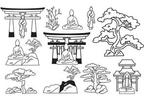 mano disegnato giapponese e Cinese stile padiglioni o pagode nel piatto stile vettore