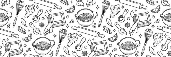 utensili da cucina e cucinare ingredienti schema modello. cibo icone e elementi. ricettario carino casa menù. modello per sfondo, stampa su involucro carta, sfondo o tessuto. cartone animato vettore illustrazione