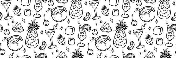 estate cocktail linea modello per menù, sbarra. bevande e esotico frutta, frutti di bosco scarabocchio icone. ananas, noce di cocco, fragola, ciliegia, mandarino. sfondo per involucro carta. vettore illustrazione.