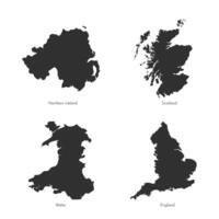 vettore impostato di isolato illustrazioni con semplificato mappe di UK regioni. buio grigio silhouette di Scozia, Inghilterra, settentrionale Irlanda, Galles, unito regno. bianca sfondo