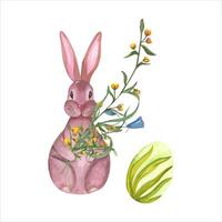 impostato di acquerello Pasqua lepre con fiore, uovo. mano disegnato illustrazione per sfondo, Stampa, rottame, bandiera disegno, cartoline, modello vettore