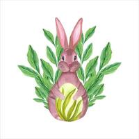 impostato di acquerello Pasqua lepre, uovo e le foglie. mano disegnato illustrazione per sfondo, Stampa, rottame, bandiera disegno, cartoline, modello vettore