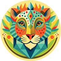 davanti Visualizza di africano maschera sagomato piace un' leopardo testa nel geometrico stile con caldo colori vettore