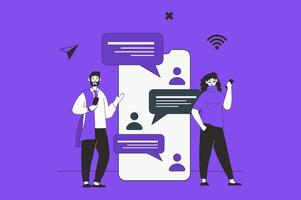 comunicazione attraverso mobile ragnatela concetto con personaggio scena nel piatto design. persone invio messaggi nel chat, comunicare nel sociale media. vettore illustrazione per sociale media marketing Materiale.